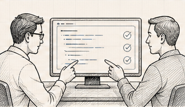 The domain expert and engineer review the same implementation together.